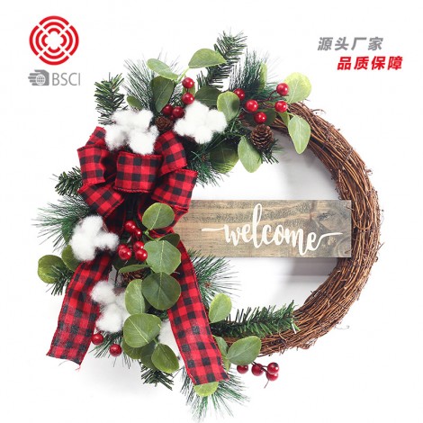 Plaid welcome wooden card Christmas Wreath Christmas decorations pendant door hanging
