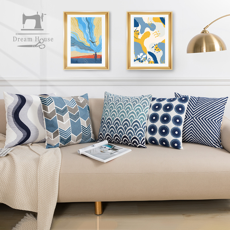 Nordic simple embroidered pillow cushion cotton canvas chain embroidered sofa seat pillow cover