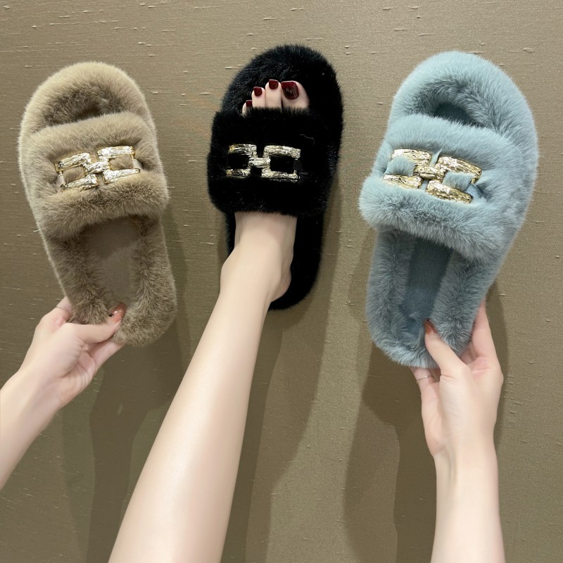 European and American metal chain thick-soled wool slippers women's 42 large size flat-heeled warm flip-flops