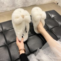 Large size bowknot plush slippers women thick-soled rhinestone warm plush flip-flops