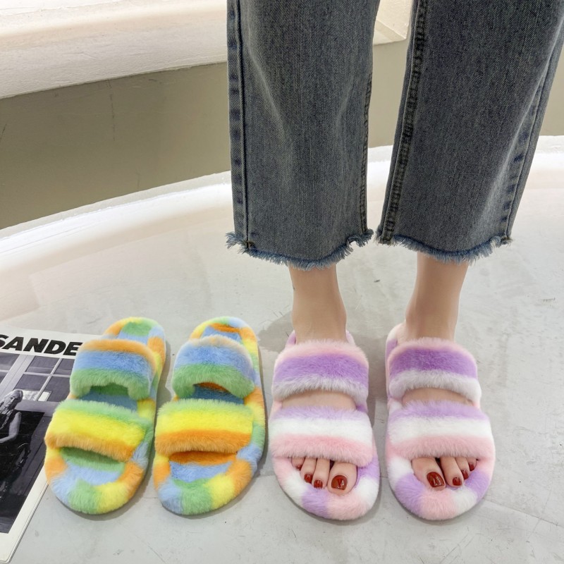 42 plus size plush slippers women autumn and winter Korean fashion platform rainbow color one-word slippers women