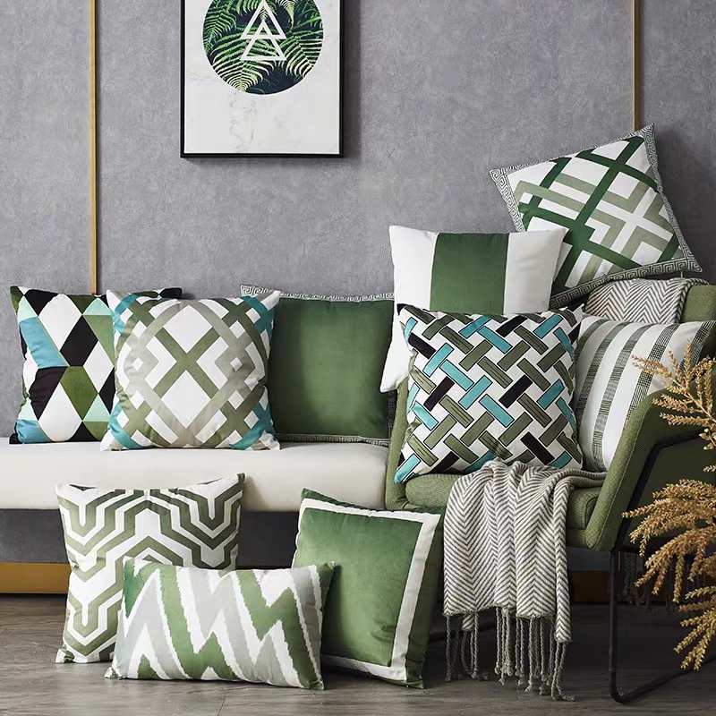 Green geometric pillowcase Nordic simple short plush pillowcase sofa living room decorative cushion cover