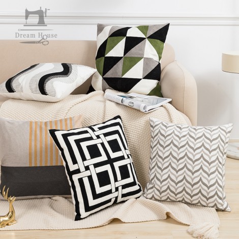 Nordic embroidered cotton canvas chain embroidered ins pillow cushion cover model room car sofa chair pillow