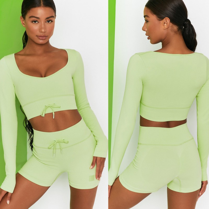 Rib seamless Yoga suit women's autumn and winter knitted nine point long sleeve sports Yoga suit 