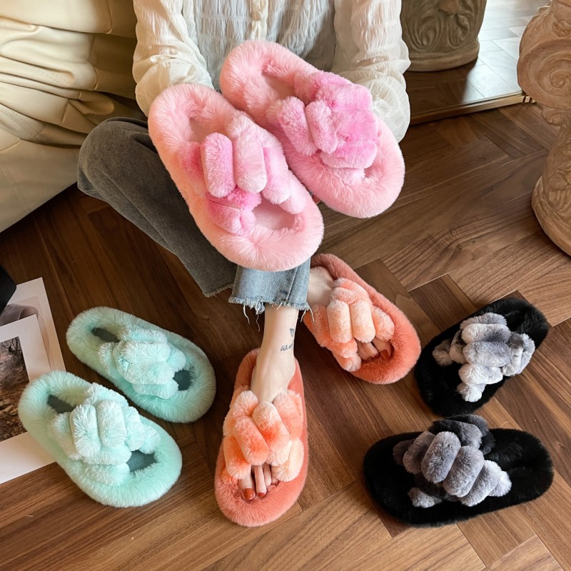 European and American 42 plus size plush slippers female autumn and winter cross-gradient bunny fur cotton drag plush flip flops