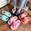 European and American 42 plus size plush slippers female autumn and winter cross-gradient bunny fur cotton drag plush flip flops