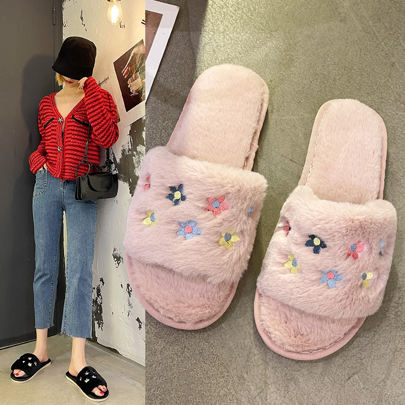 Korean version of autumn and winter cute flowers plush drag a word fish mouth slippers thick-soled home cotton slippers