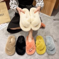 Plus size fall/winter Korean style all-match outer wear flat-bottomed fashion furry factory women's slippers direct supply