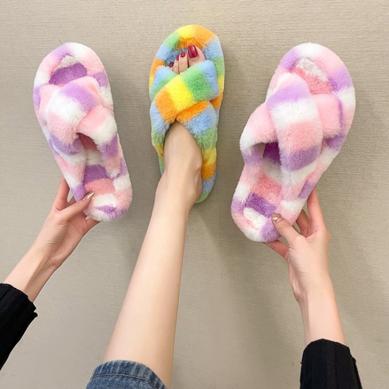 Hairy slippers women's outer wear autumn and winter Korean fashion thick-soled color cross indoor cotton slippers