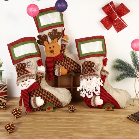 European and American style large elk Christmas decoration socks Snowman Christmas socks grid cloth cotton linen gift bag pendant christmas bag