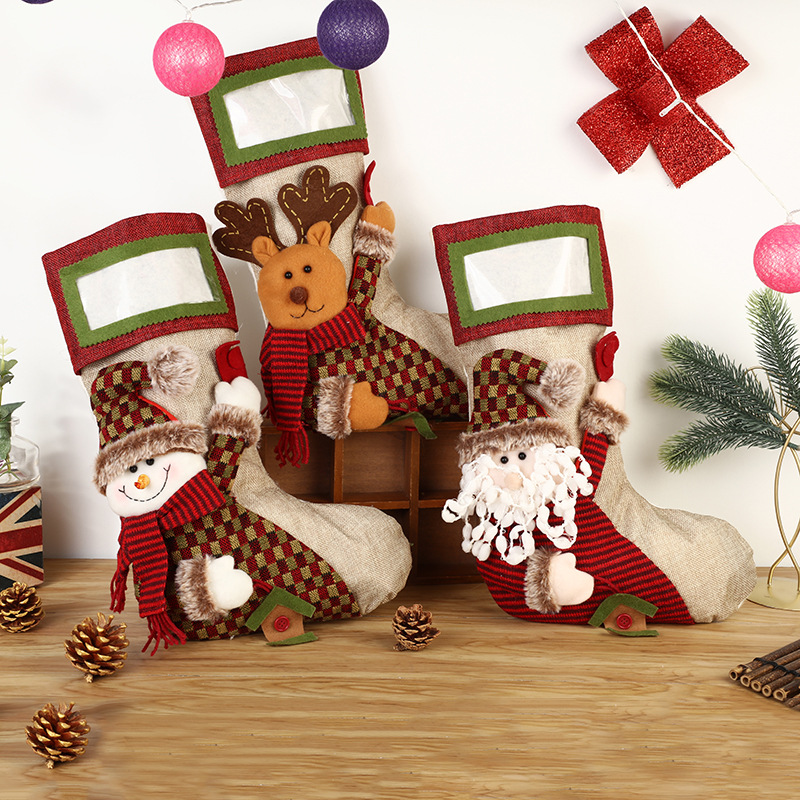 European and American style large elk Christmas decoration socks Snowman Christmas socks grid cloth cotton linen gift bag pendant christmas bag