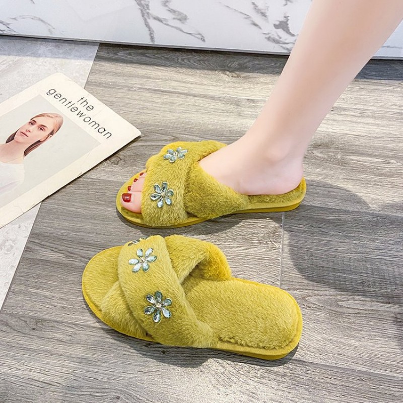 Die Kalu Women's Shoes Winter Wear Korean Fashion Rhinestone Flower Cross-hair Slippers