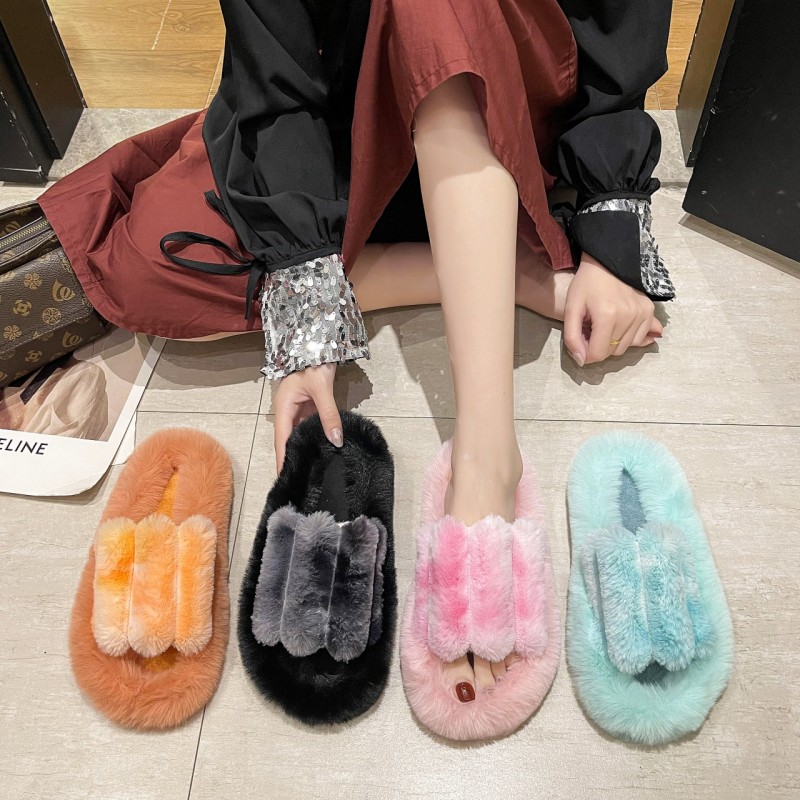 Furry slippers women autumn and winter Europe and the United States 42 large size gradient small rabbit fur slippers home cotton slippers