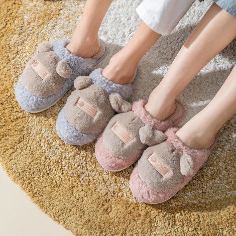 Winter warmth and non-slip thick-soled home use mute home cartoon plush cotton slippers female couple