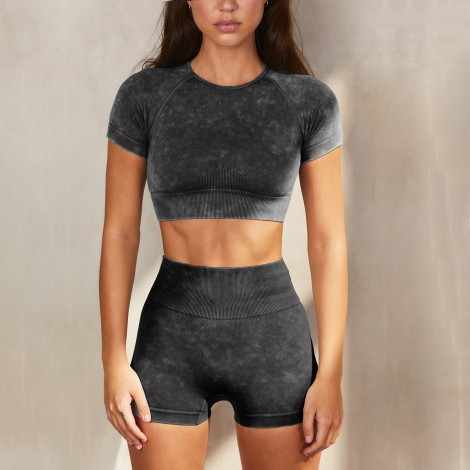European and American Yoga suit female summer shorts short sleeve suit sand wash imitation cowboy fitness suit Yoga suit 