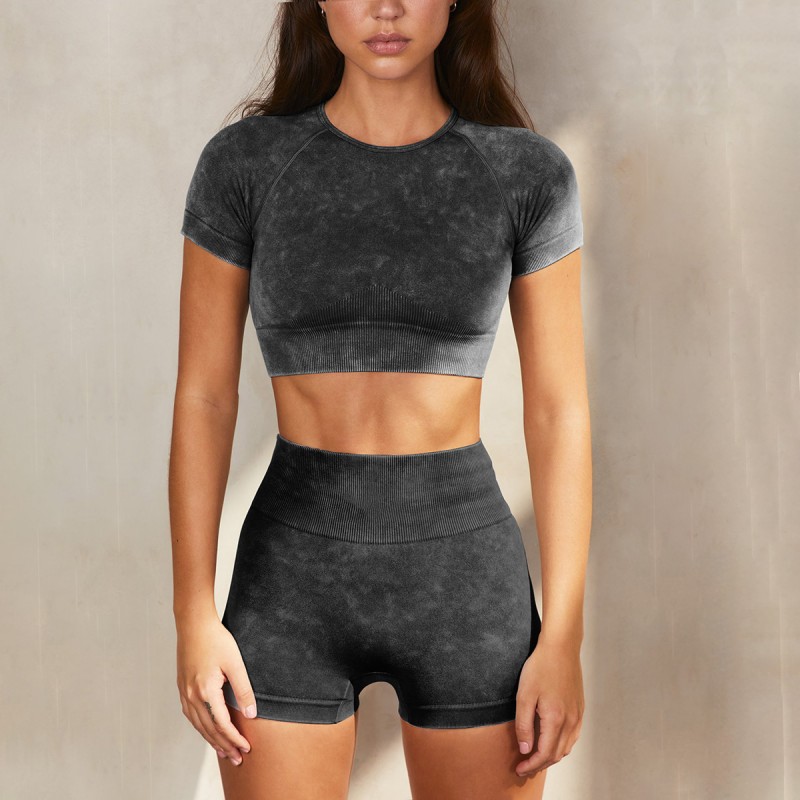 European and American Yoga suit female summer shorts short sleeve suit sand wash imitation cowboy fitness suit Yoga suit 