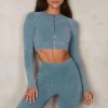 Sand washed imitation denim seamless knitted Yoga suit women's European and American double zipper long sleeve sports fitness suit 