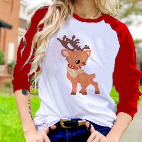 Fd655 2021 European and American women's autumn winter christmas printing series casual round neck raglan sleeve top