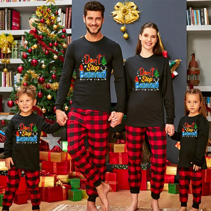 Fd654 Euro American 2021 Christmas alphabet printed top Plaid casual pants parent-child two-piece set
