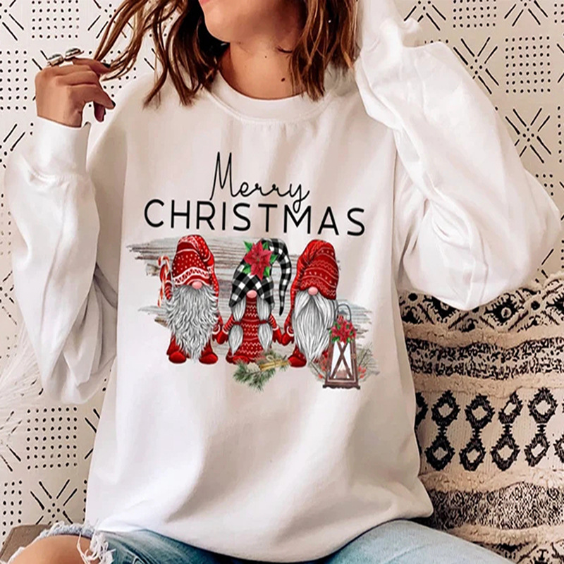 Fd669 autumn and winter 2021 European and American women's white Long Sleeve round neck Santa Claus printed sweater