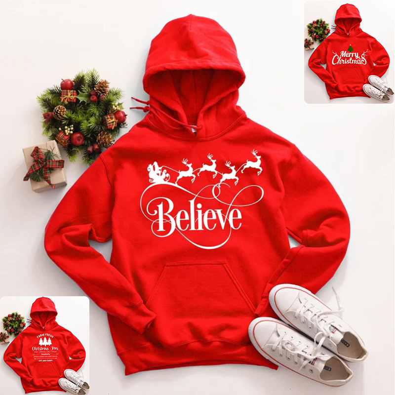 Fd671 2021 autumn and winter European and American women's Christmas letter printing casual loose red Hoodie