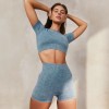 European and American Yoga suit female summer shorts short sleeve suit sand wash imitation cowboy fitness suit Yoga suit 