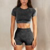 European and American Yoga suit female summer shorts short sleeve suit sand wash imitation cowboy fitness suit Yoga suit 