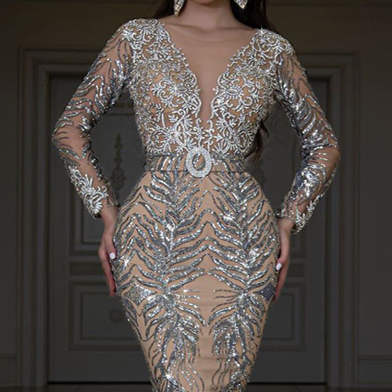 2021 spring European and American women's New Gilded long sleeve slim sexy long dress evening dress