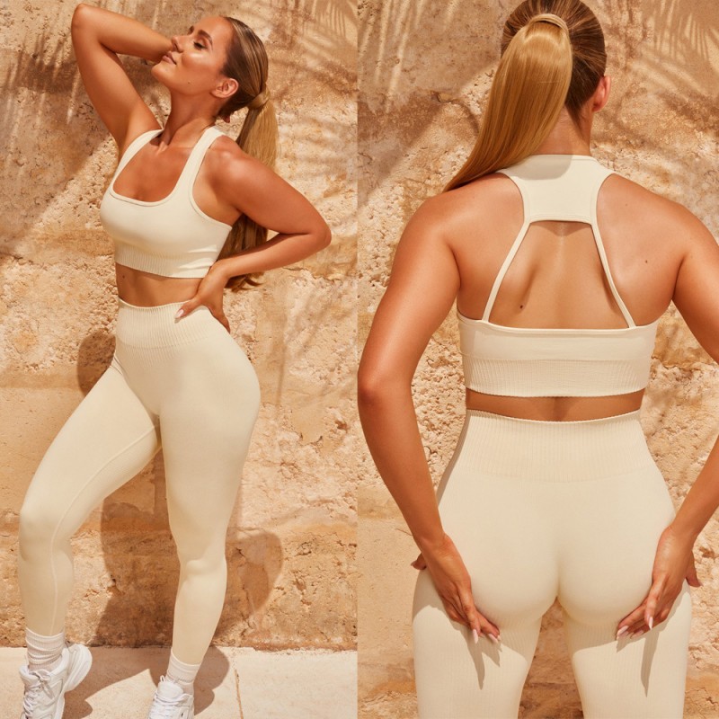 2021 autumn and winter seamless yoga clothes European and American thread knitted bra Pants Set women's sports fitness clothes 