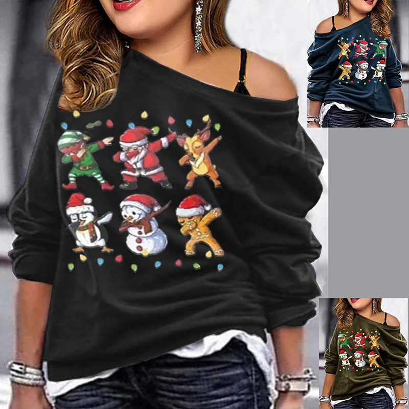 Fd683 European and American women's clothing 2021 autumn winter christmas printed round neck long sleeve casual loose sweater