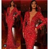 2021 winter European and American dress fish tail edge red shiny long sleeve V-neck dress sc8802