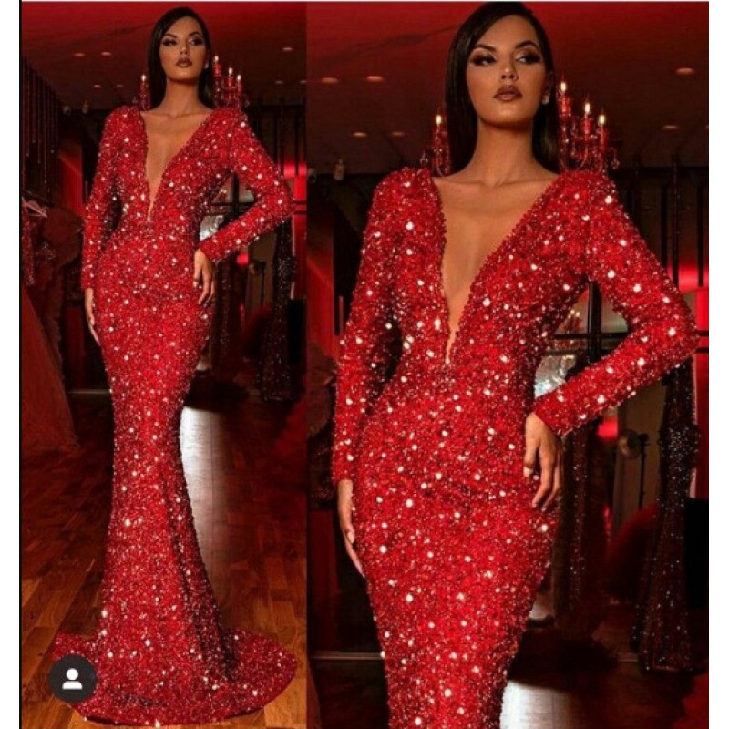 2021 winter European and American dress fish tail edge red shiny long sleeve V-neck dress sc8802