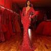 2021 winter European and American dress fish tail edge red shiny long sleeve V-neck dress sc8802