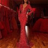 2021 winter European and American dress fish tail edge red shiny long sleeve V-neck dress sc8802