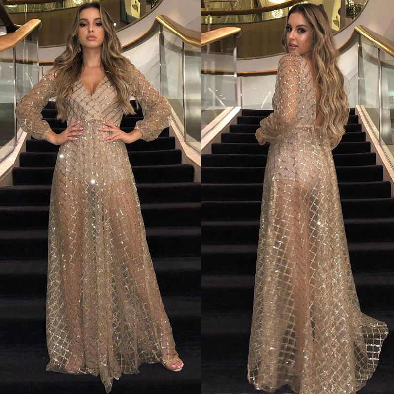 2021 winter women's dress sexy V-neck backless Sequin dress long dress