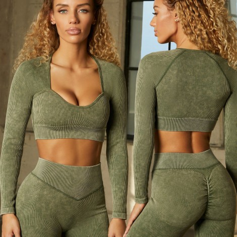2021 autumn and winter sand wash seamless yoga clothes women's long sleeve sports fitness clothes high waist hip pants 