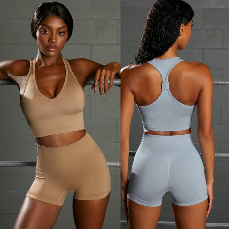 2021 autumn winter seamless Yoga suit set women's sports fitness High Waist Shorts V-shaped vest two-piece set 
