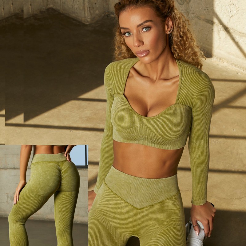 Sand wash seamless knitted Yoga suit women's sports suit fitness long sleeve high waist hip pants 