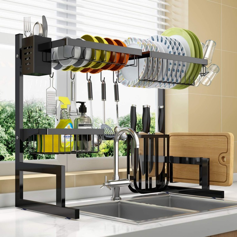 Stainless steel kitchen black shelving bowl and chopsticks drainage rack tableware kitchen utensils storage rack