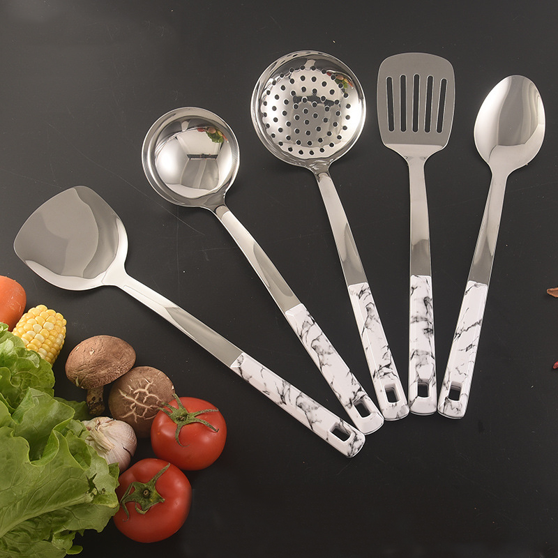 Kitchen Accessories 5PCS Set Stainless Steel White Marble Plastic Handle Cooking Kitchen Utensils Set with dish spoon spatula