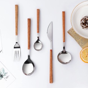 2021 New Imitate Wood Flatware Marbling Spoon Knife Fork Set Stainless Steel Cutlery