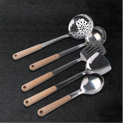 High Quality Kitchen Cooking Tool Wooden Handle Stainless Steel Kitchen Utensil Set